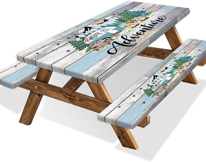 Fitted Picnic Table Cover with Bench Covers and Bag, Camping Essentials, Wooden Camper Fitted Table Cover, 6ft Outdoor Tablecloth Waterproof Windproof with Elastic Edge 3 PCS 30x60 Inch