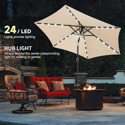 10 ft Solar Patio Umbrella Outdoor with Centre Light, Beige | 24 LED Lights, UV Protection, Solar Outdoor Umbrella for Porch, Deck, Pool, Table, Garden, Provides Evening Lighting