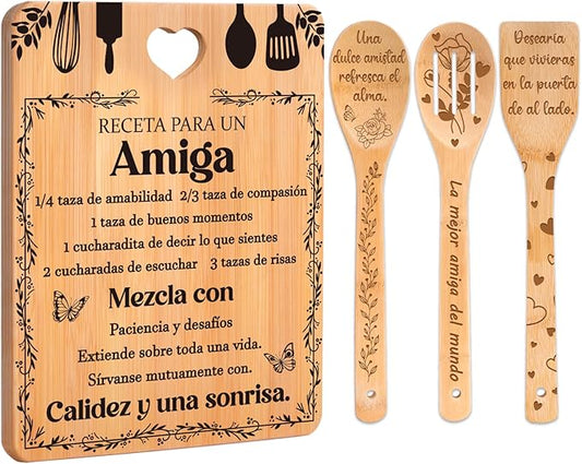 Regalos de cumpleaños para Amiga - "Receta para una Amiga especial". Juego de tablas de cortar y utensilios de bambú grabados. Regalos de cumpleaños para Amiga. Spanish Friend Cutting Board