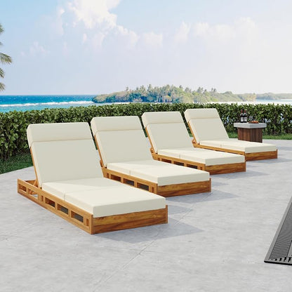 Merax Acacia Wood Chaise Lounge Chair Outdoor Set of 4, Patio Recliner with 4 Position Adjustable Backrest and 4" Thick Four-fold Cushion