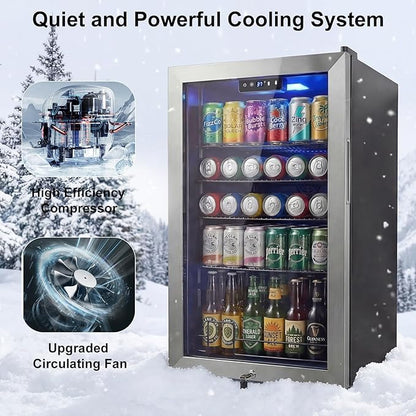 20 Inch Beverage Refrigerator, Mini Fridge with Glass Door for Soda Beer– 130 Can Small Fridge for Home Office Bar, 3.4 Cu.Ft Drink Cooler with Reversible Door, Digital Temperature Control