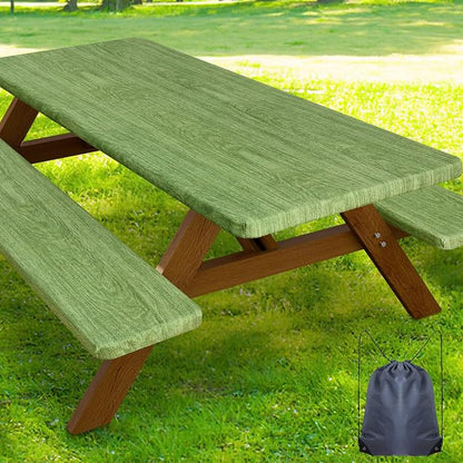 Smiry Picnic Table Cover with Bench Covers, Waterproof Elastic Fitted Tablecloth for 8 Foot Tables, Washable Polyester Tablecloths for Camping, Indoor & Outdoor (Green & Black, 30x96 Inch 3-pc Set)