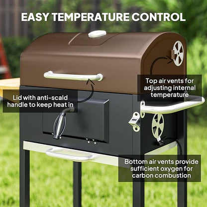 Premium Durable Robust Heavy-Duty Portable Charcoal Barbecue Grill with Side Table Bottom Storage Shelf Wheels Handle Black