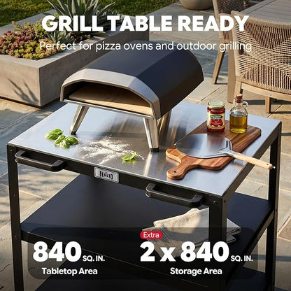 Feasto 36''x 24'' Heavy-Duty Outdoor Pizza Oven Table, 304 Stainless Steel Grill Table with Lockable Wheels for Pizza Ovens & Griddles, 3-Shelf Prep Table for Deck, Patio BBQ & Parties | 304 Stainless Steel Tabletop for Pizza Ovens & Griddles, Heavy-Du...