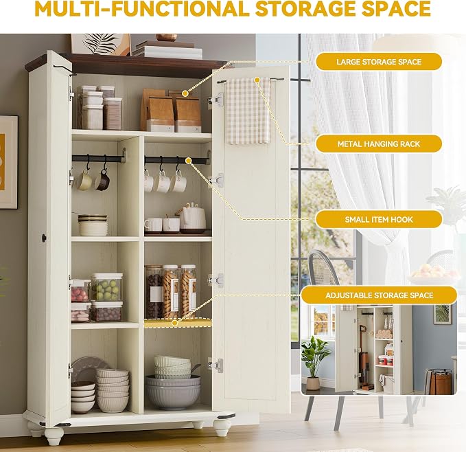 DWVO 67"' 4-Tier Farmhouse Kitchen Pantry Cabinet with Shutter Doors, White | Storage Cabinet with Adjustable Shelves, Hooks & Hanging Rods, Sturdy Cupboard for Kitchen, Dining Room, Living Room