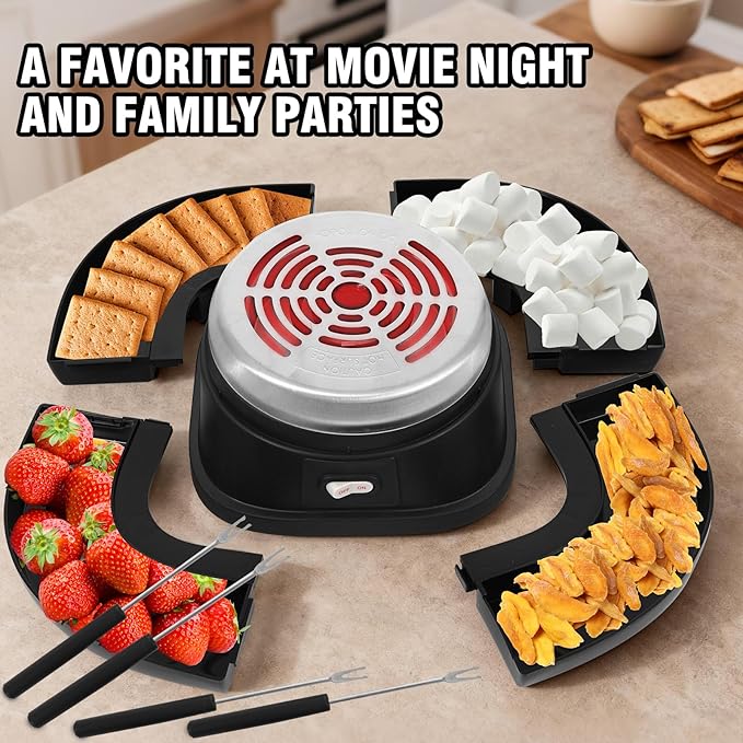Electric S'mores Maker Tabletop Indoor Smores Kit, Flameless Electric Marshmallow Roaster, With 4 Marshmallow Roasting Sticks and 4 Trays Movie Night Supplies