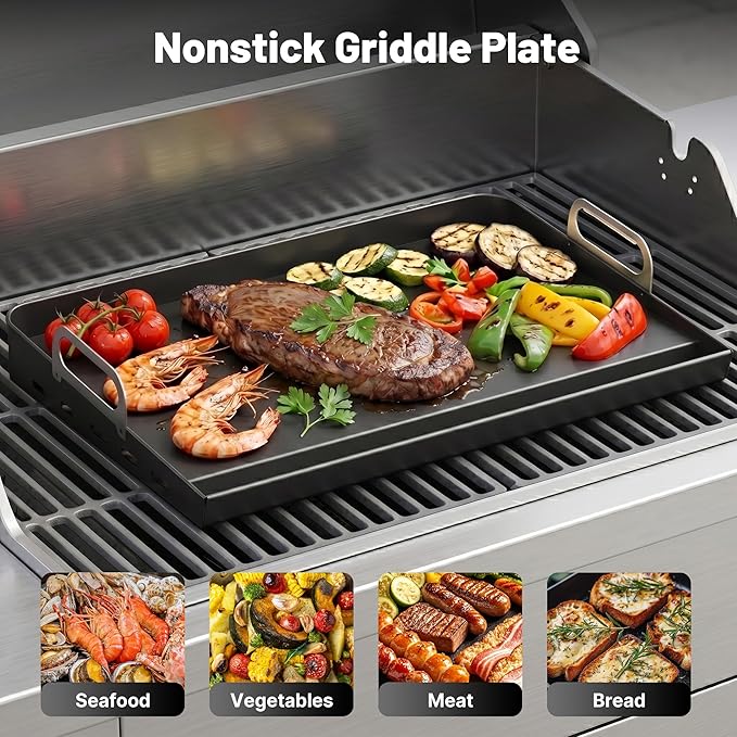 23"x16" Portable Steel Griddle for Gas Grill & Stove Top, Heavy Duty Grill Griddle for Weber, Nexgrill, Charbroil Grills, Easy to Clean, Ideal for Multi-Burner Cooking in Kitchen or Backyard