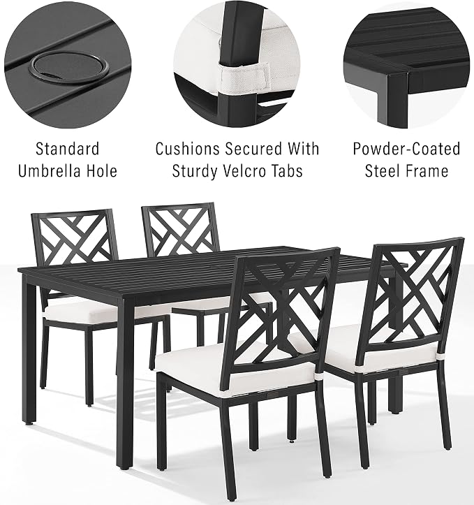 Crosley Furniture Locke 5-Piece Outdoor Dining Set for 4, Patio Table and Chairs for Backyard, Deck, Matte Black with Creme Cushions