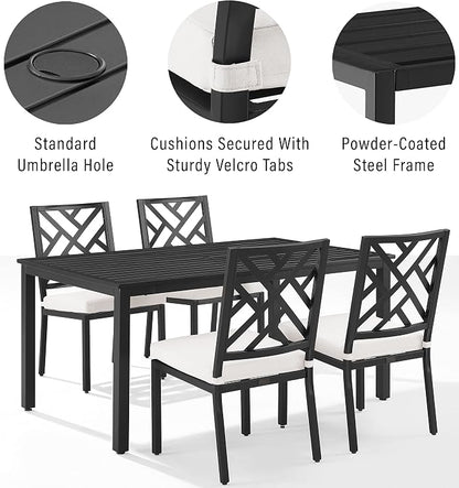 Crosley Furniture Locke 5-Piece Outdoor Dining Set for 4, Patio Table and Chairs for Backyard, Deck, Matte Black with Creme Cushions