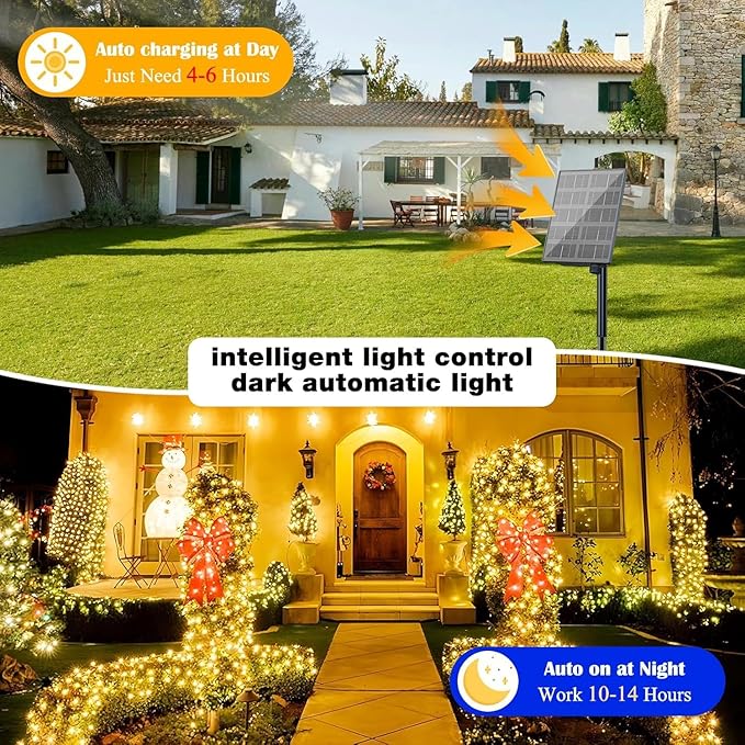 SOLARBABY Solar Christmas Lights Outdoor, 164FT 500LED Solar Sting Lights, 19 Modes Solar Fairy Light Outdoor for Xmas Tree, Garden, Porch, Christma Decoritons, Warm White