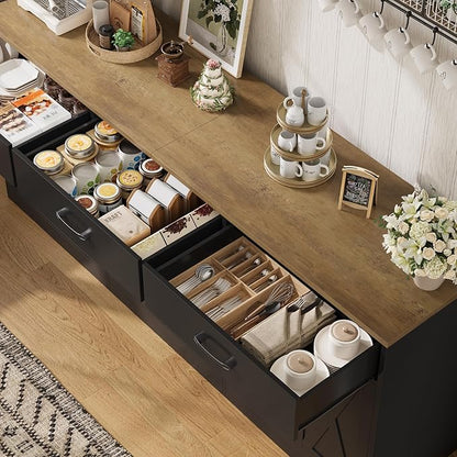 HOSTACK 71" Large Sideboard Buffet Cabinet with Storage, Farmhouse Coffee Bar Cabinet with 3 Drawers, Long Kitchen Buffet Table, Kitchen Sideboard Storage Cabinet for Dining Room, Living Room, Black