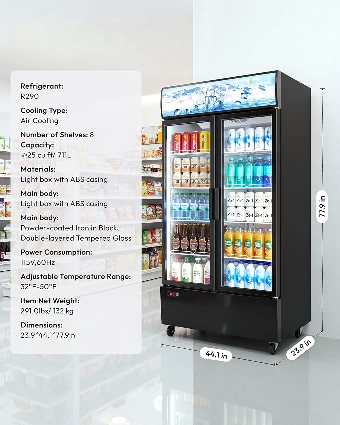 25 Cu.Ft Commercial Beverage Refrigerator, Double Glass Door | LED Lightbox, 8 Adjustable Shelves, 32-50°F Digital Control, R290 Air Cooling, ETL Certified, Commercial Use