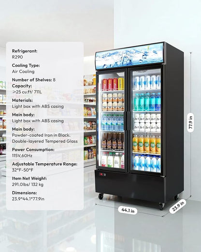 25 Cu.Ft Commercial Beverage Refrigerator, Double Glass Door | LED Lightbox, 8 Adjustable Shelves, 32-50°F Digital Control, R290 Air Cooling, ETL Certified, Commercial Use