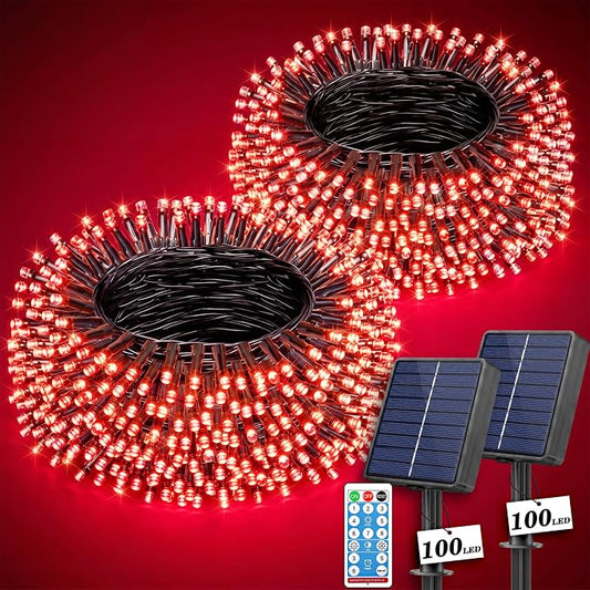 LitHome 2 Pack Solar String Lights Outdoor with Remote, Total 200LED 66FT | Solar Christmas Lights Outside Waterproof, 8 Modes String Light for Xmas Patio Garden Party Yard Tree Decor, Red