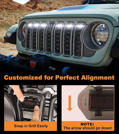 LED Grill Lights for Jeep Wrangler JL JLU Accessories 2024-2026, White | Direct-Snap Front Grille LED Accent Marker Lights, IP68 Waterproof, Enhanced Night Visibility, Raptor-Style Exterior Lighting