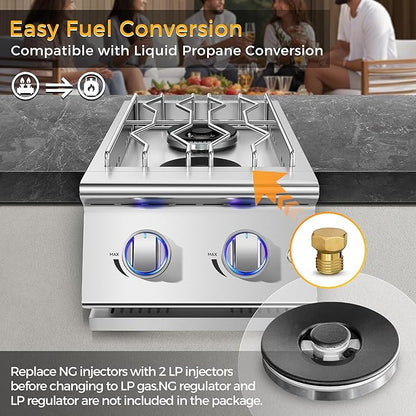 Grilling Side Burners for Outdoor Kitchen, 2 * 15,000BTU Nature Gas Side Burner,Convertible to Liquid Propane, Duty Heavy 304 Stainless Steel, Built-in Double Burner for BBQ Island Grill