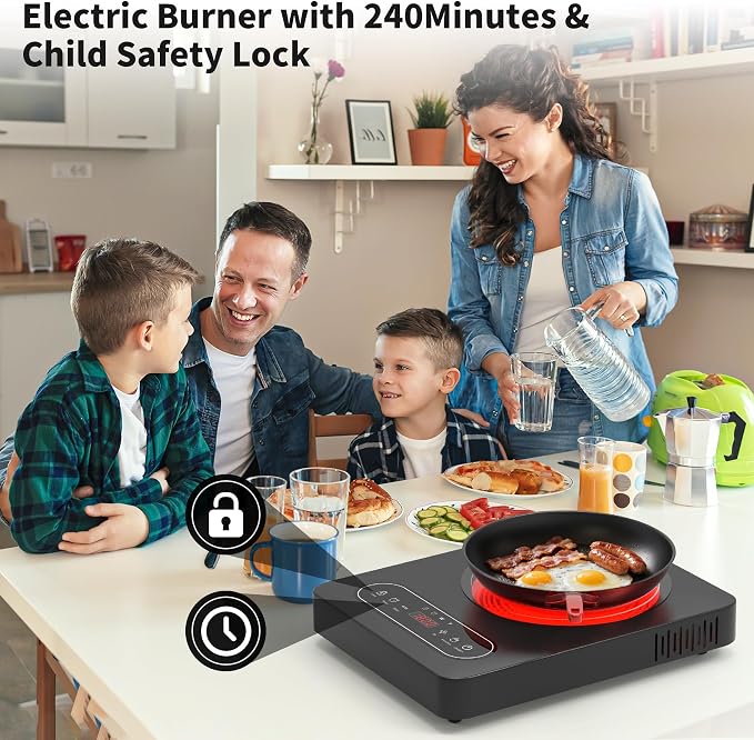 GIHETKUT Single Burner Electric Cooktop,110V 1800W Electric Stove Top with LED Touch Control,10 Power Levels, 4 hTimer, Safety Lock,single electric burner Overheat protection