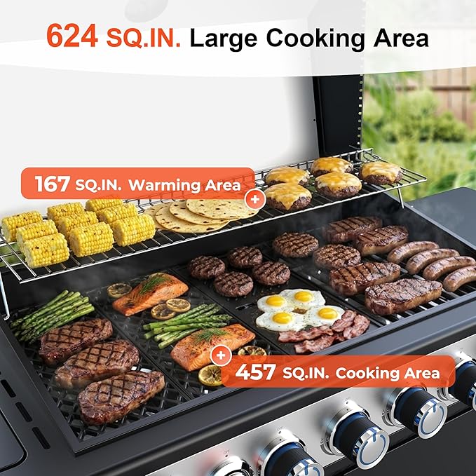 Brand-Man 6-Burner Propane Gas Grill with 12,000 BTU Infrared Sear Side Burner, Porcelain-Enameled Cast Iron Diamond-Pattern Grates & Griddle, 624 Sq.In. BBQ Station with Storage Cabinet for Barbecue