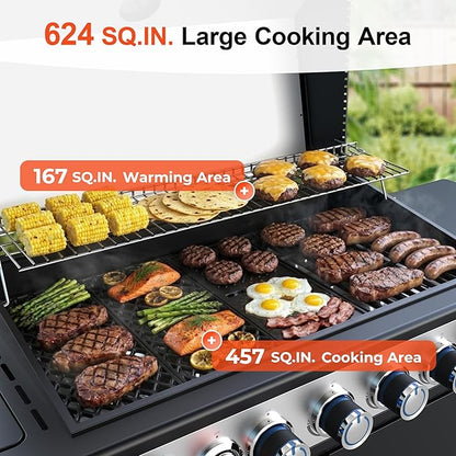 Brand-Man 6-Burner Propane Gas Grill with 12,000 BTU Infrared Sear Side Burner, Porcelain-Enameled Cast Iron Diamond-Pattern Grates & Griddle, 624 Sq.In. BBQ Station with Storage Cabinet for Barbecue