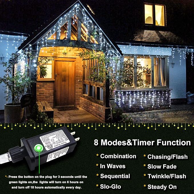 400 LED Icicle Lights for Outside 33FT White Christmas Lights Outdoor | Connectable Plug in Icicle Christmas Lights 8 Modes Waterproof with 75 Drops for Party Holiday Wedding Decoration