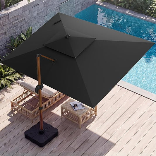 10x13 FT Wood Pattern Patio Umbrella, Large Deluxe Cantilever Rectangular Double Top Heavy Duty Offset Umbrellas with 360° Rotation, Outdoor shade for Garden Deck Pool Patio, Black