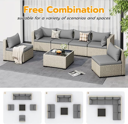 UDPATIO Outdoor Patio Furniture Set, 7 Pcs PE Wicker Sectional Sofa with Tea Table, Outdoor Conversation Set for Patio, Garden, Backyard (Grey Cushions with Light Grey Rattan)