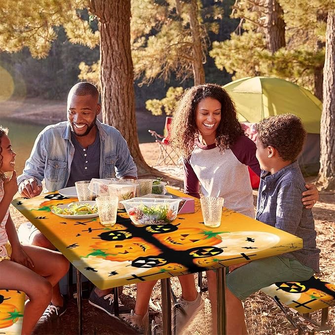 Halloween Fitted Tablecloth, Orange Spooky Jack 'o' Lantern and Full Moon Print Picnic Tablecloth and Bench Seats Table Cover, 3 PCS, for Picnic Party Outdoor Patio Use, 28x72 Inch