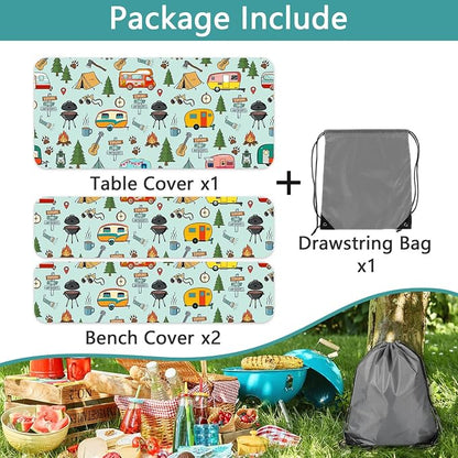 Camping Picnic Table Cover with Bench Covers and Bag, Camping Essentials, Waterproof Windproof Fabric, Fitted Tablecloth Cover with Elastic Edge, for Indoor & Outdoor, Garden, 3 PCS, 30x60 Inch