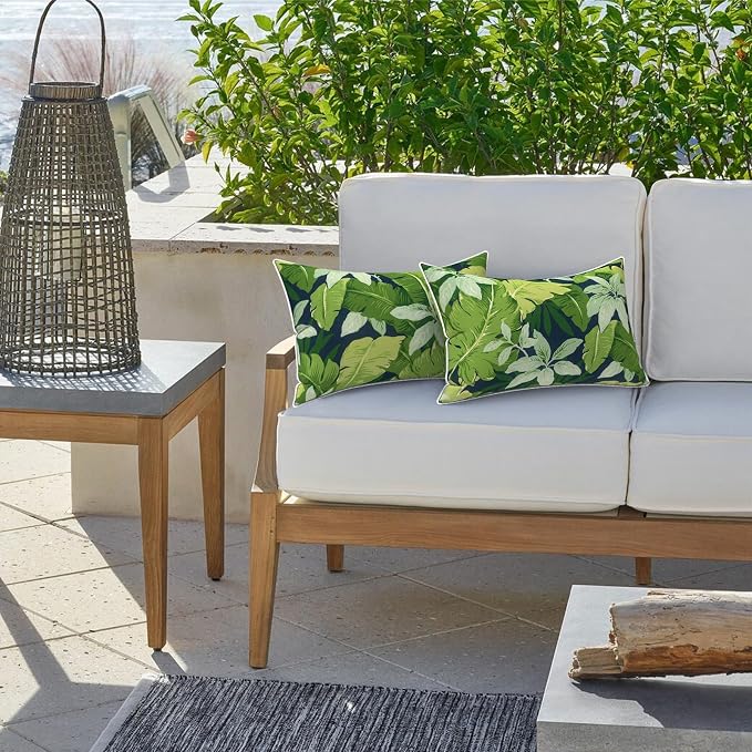 LVTXIII 2 Pack Outdoor Lumbar Pillow Covers 12x20 Inch with Piping, Water-Repellent Back Cushion Covers ONLY for Patio Furniture, Sofa, Garden Bench, Jungle Leaves