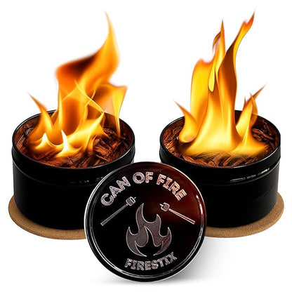 [2-Pack] Can of Fire Tabletop Mini Bonfires – 2–3 Hour Burn Time – Made from Recycled Wood Chips & Paraffin Wax – Includes Safety Coasters – Reusable Flame for Camping, Ambiance, and Emergency Heat