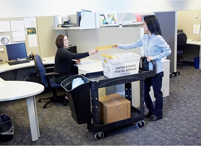 Rubbermaid Commercial Products 2-Shelf Utility/Service Cart, Medium, Black, Lipped Shelves, Ergonomic Handle, 500 Lbs Capacity, forfor Warehouse/Garage/Cleaning/Manufacturing