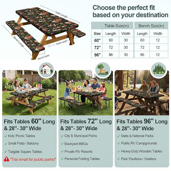 Picnic Table Cover Bench Covers Camping Essentials Tablecloth | Waterproof Vinyl for Outdoor, Windproof Elastic Fitted Edges, RV BBQ Accessories Must Haves, Storage Bag Included