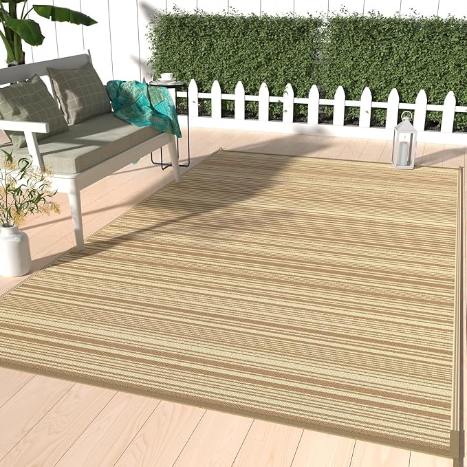 GENIMO Outdoor Rug, Waterproof Plastic Rugs for Patio, 8'x10' Deep Beige | Outside Larger Modern Carpet Mat for Porch Decor, Deck, Balcony, Camping, RV, Backyard, Picnic, Beach, Reversible, Foldable