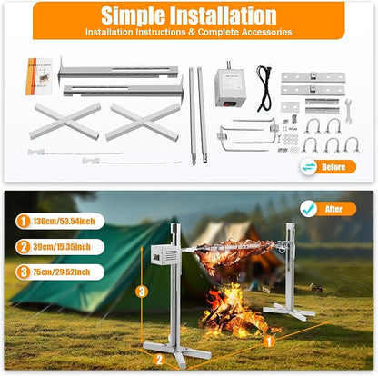 53"" Electric Rotisserie Grill Kit, 88.18lbs Capacity Large Spit Roaster BBQ Grill 360° Rotatable Outdoor Picnic Cooker Grill 25W with Adjustable Height, for Outdoor Camping Party, Silver