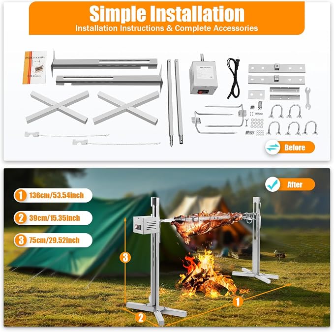 56-Inch BBQ Rotisserie Kit, Stainless Steel BBQ Rotisserie with 5 Height Adjustments, 360° Motorized Spit for Outdoor Camping, 88lbs Capacity, Portable Grill Stand