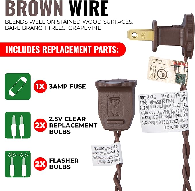 612 Vermont 100 Clear Incandescent Christmas String Lights Brown Wire Cord | UL Approved Indoor Outdoor Use, 18' Lighted Length, 20' Total Length, Mini Lights, Connect Up To 5 Sets End To End, 2-Pack