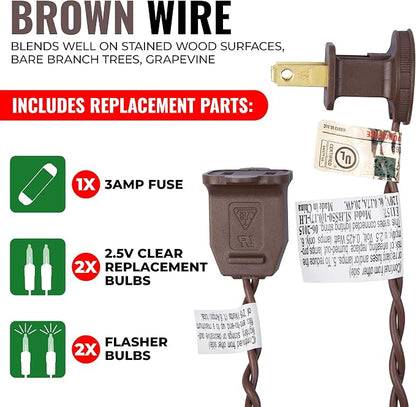 612 Vermont 100 Clear Incandescent Christmas String Lights Brown Wire Cord | UL Approved Indoor Outdoor Use, 18' Lighted Length, 20' Total Length, Mini Lights, Connect Up To 5 Sets End To End, 2-Pack