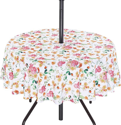 SquarePie 70 inch Round Outdoor Tablecloth with Umbrella Hole - Water Resistant SpillProof Patio Table Cover for Spring Summer Garden Camping Poolside Picnic BBQS, Rose Floral
