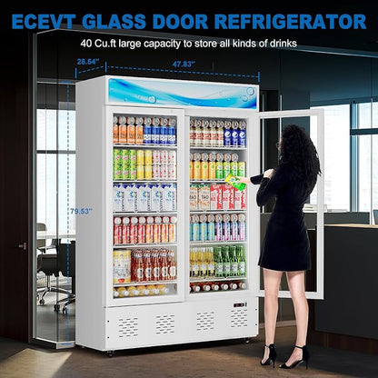 47.8'' W Commercial Beverage Refrigerators, 40 Cu.ft Glass Door Refrigerator Commercial Cooler with LED Light and 10 Shelves, Display Refrigerator for Restaurant Store Cafe Bar, White
