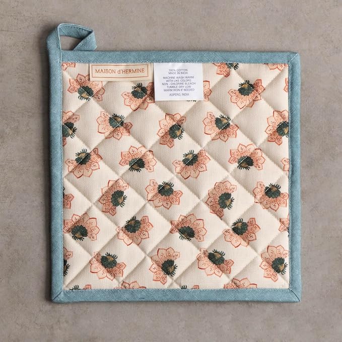 Maison d' Hermine Pot Holders 100% Cotton Potholders (8" x 8", Pack of 1) | Heat Resistant Hot Pads with Loop BBQ Cooking Baking Hotel Kitchen Handling Hot Pans Thanksgiving Christmas - Dalida