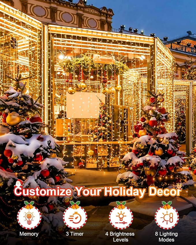 Warm White Christmas Lights Outdoor Total 710FT 1800 LED , 2 Packs 900 LED Outdoor String Waterproof, Timer & Memory, 8 Modes Dimmable Plug in Fairy for Outside Tree Holiday Party Wedding Decor