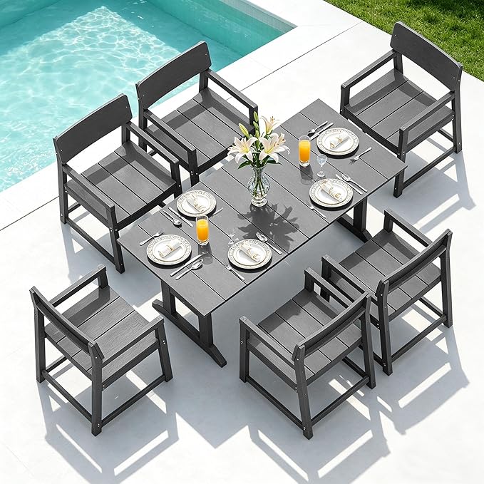Shintenchi 7 Pieces Outdoor Dining Set,HDPE Outdoor Table and Chairs Set for 6,All Weather Patio Furniture Sets with Umbrella Hole,Modern Wooden Textured Dining Sets for Backyard,Garden,Dark Grey