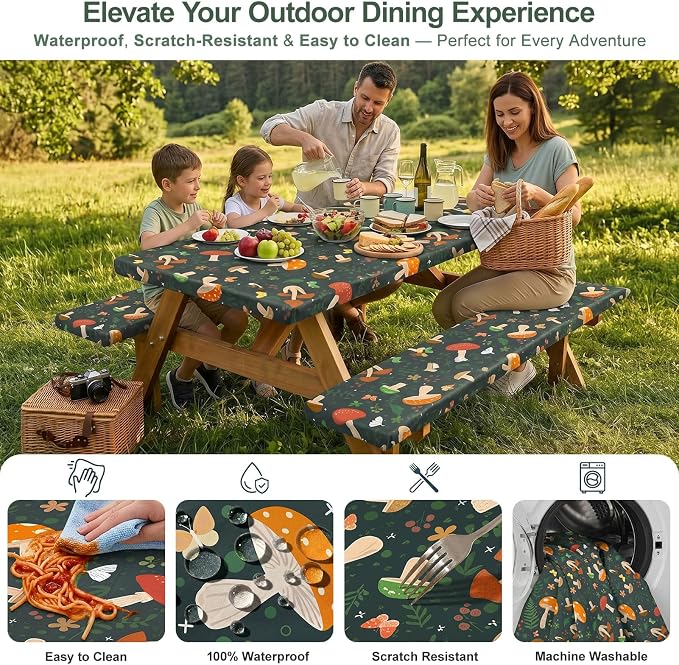 Picnic Table Cover with Bench Covers Windproof Waterproof Picnic Table Covers Camping Tablecloth with Self-Storage Bag, 72in, Black Red