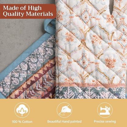 Maison d' Hermine 100% Cotton Oven Mitt & Pot Holder Set (7.5"x13" & 8"x8") | Heat Resistant BBQ Cooking Gloves with Loop Baking Grilling Kitchen Hotel Home Farmhouse Thanksgiving Christmas - Fair Isle