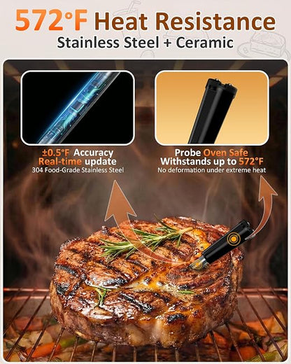 ±0.5°F Accurate Shows Internal Temp Wireless Meat Thermometer | Smart 3-Step App Easy Setup Ready in 1 Mins - 24 Hours Probe Lasts All-Day Withstands Max 572°F Heat Oven Safe