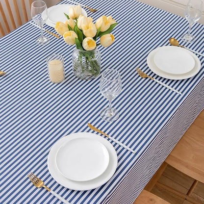 LIBERECOO 60" Round Vinyl Tablecloth with Flannel Backing, Blue Stripe Waterproof Overlocked Tablecloths Picnic Table Cover Plastic Table Cloth for Indoor & Outdoor