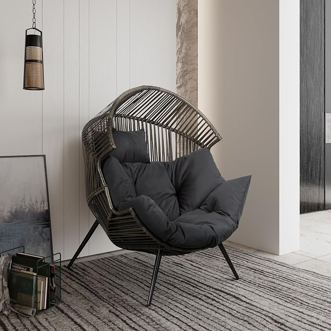Shintenchi Wicker Egg Chair Outdoor Rattan Patio Chair with Cushion, Oversized Patio Lounge Chairs Egg Basket Chair, Egg Seat for Indoor Living Room Bedroom Outside, Deep Grey