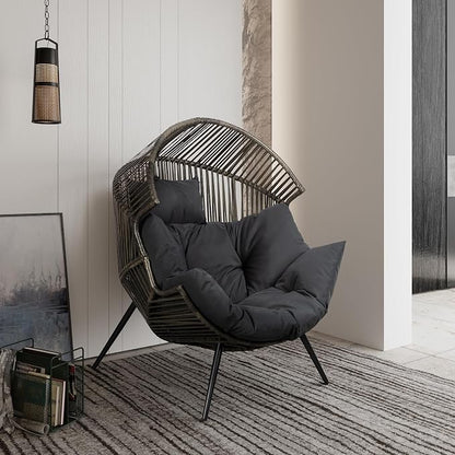 Shintenchi Wicker Egg Chair Outdoor Rattan Patio Chair with Cushion, Oversized Patio Lounge Chairs Egg Basket Chair, Egg Seat for Indoor Living Room Bedroom Outside, Deep Grey