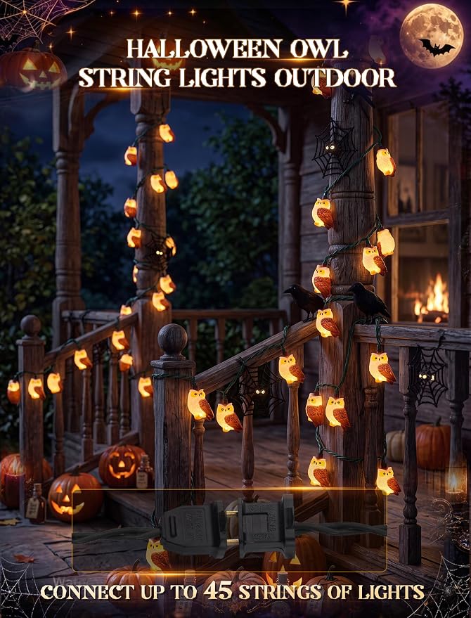 8.5Ft Halloween Owl String Lights Outdoor, 10LED Halloween Party Decoration | Plug-in, End-to-end Connectable, Waterproof & UL Listed, Hanging Animals Decor for Indoor Outdoor Patio Porch, Warm White