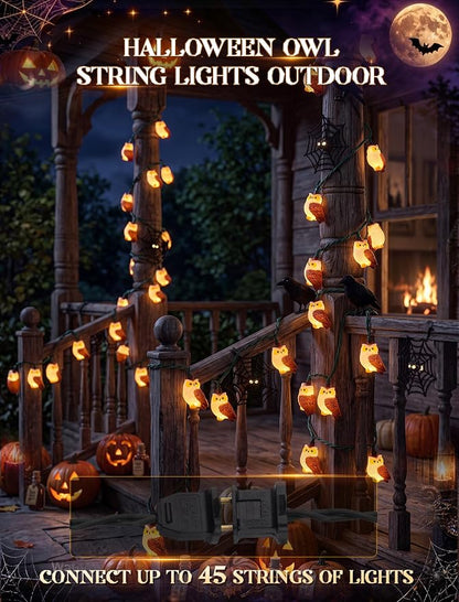 8.5Ft Halloween Owl String Lights Outdoor, 10LED Halloween Party Decoration | Plug-in, End-to-end Connectable, Waterproof & UL Listed, Hanging Animals Decor for Indoor Outdoor Patio Porch, Warm White